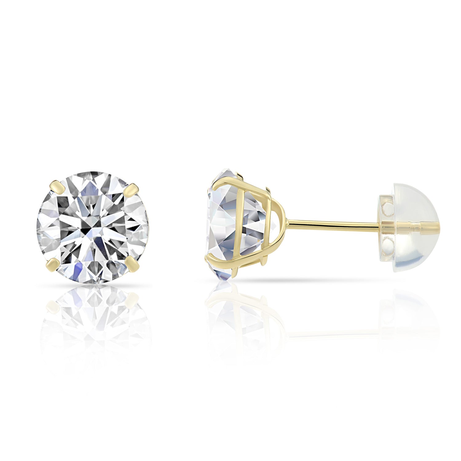 14k Yellow Gold and Cubic Zirconia Stud Earrings, Silicone